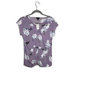 Ann Taylor Factory XS Floral Purple Short Sleeve Twist Neck Top